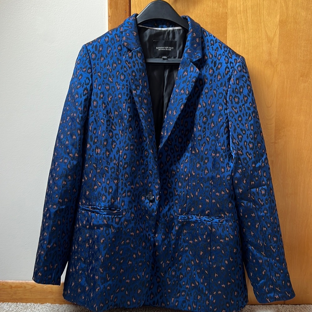 Banana Republic Boyfriend Blazer Blue Leopard Print